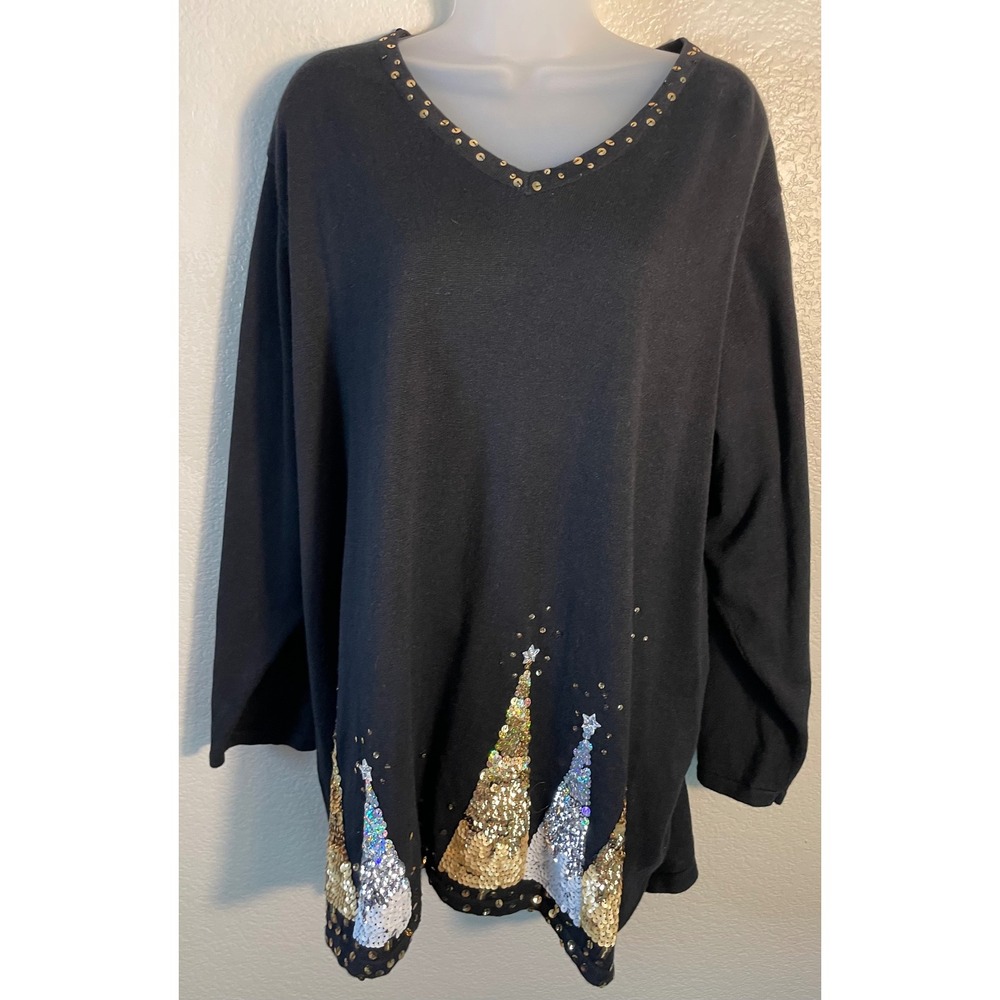 Quacker Factory Womens 3XL Sweater Black Sequin Christmas Tree Studded V Neck